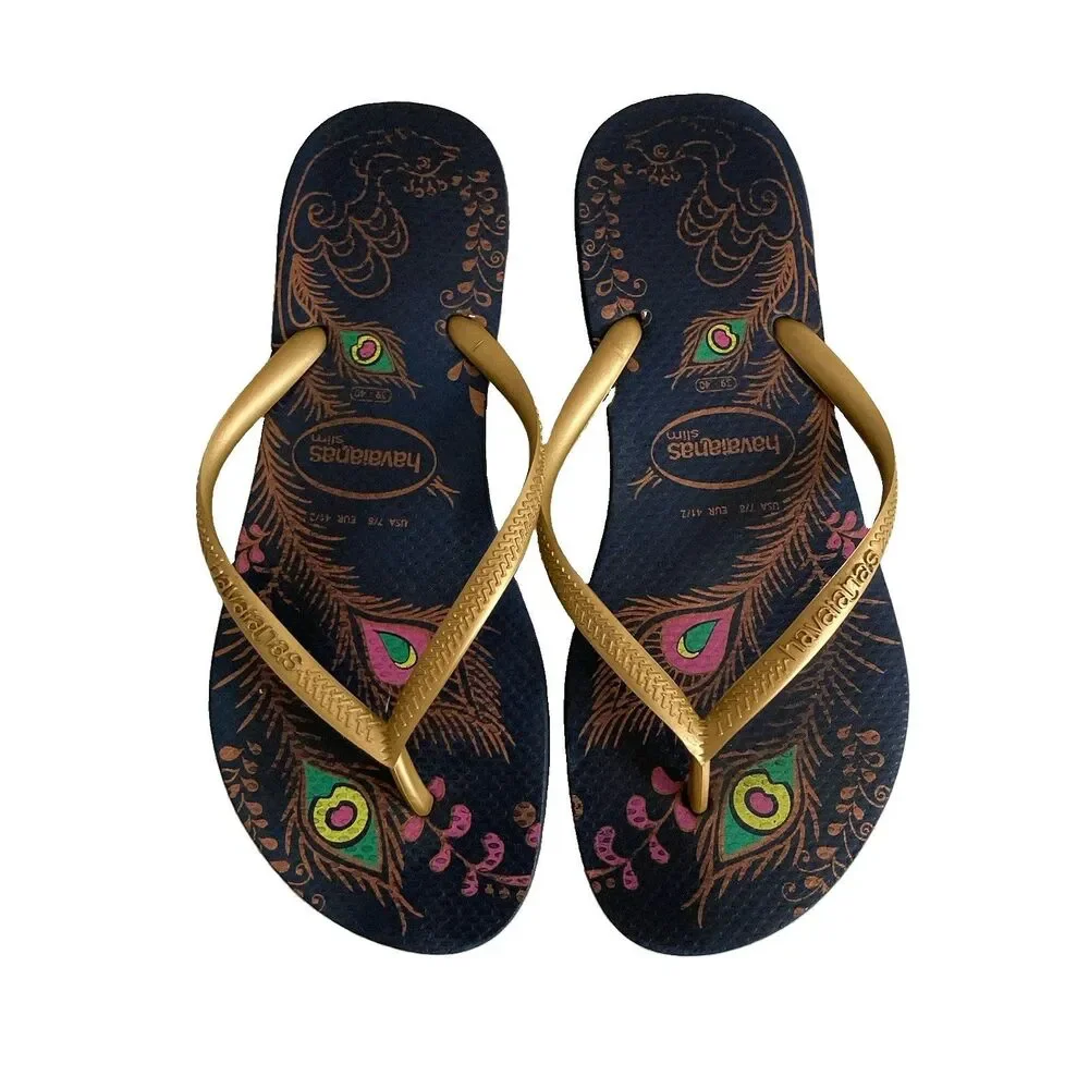 Havaianas Womens Navy Gold Peacock Feather Print Slim Flip Flops Size 7-8